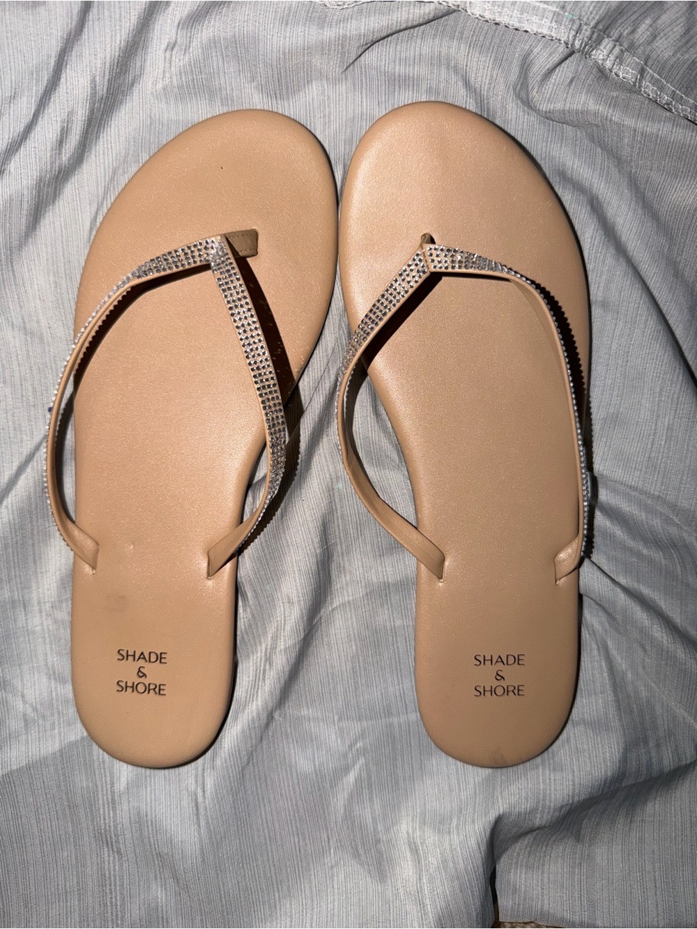 Shade & Shore Beige Rhinestone T-Strap Flip Flop Sandals